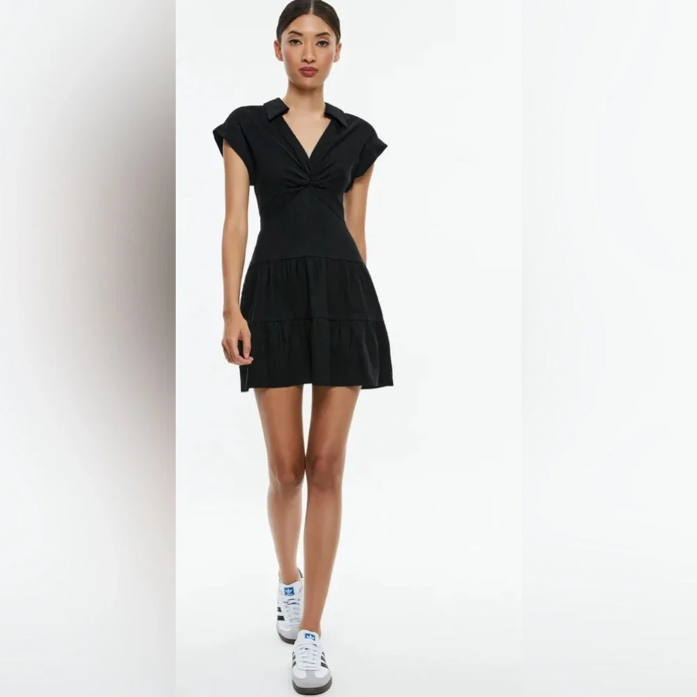 Alice + Olivia Sleeveless Mila Linen Twist Front Black Mini Dress ZB5